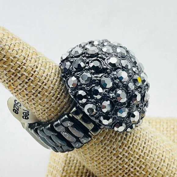 Dark Faceted Rhinestone Dome Ring Gunmetal Stretch Glam Bling Sparkle Holiday - Picture 8 of 8